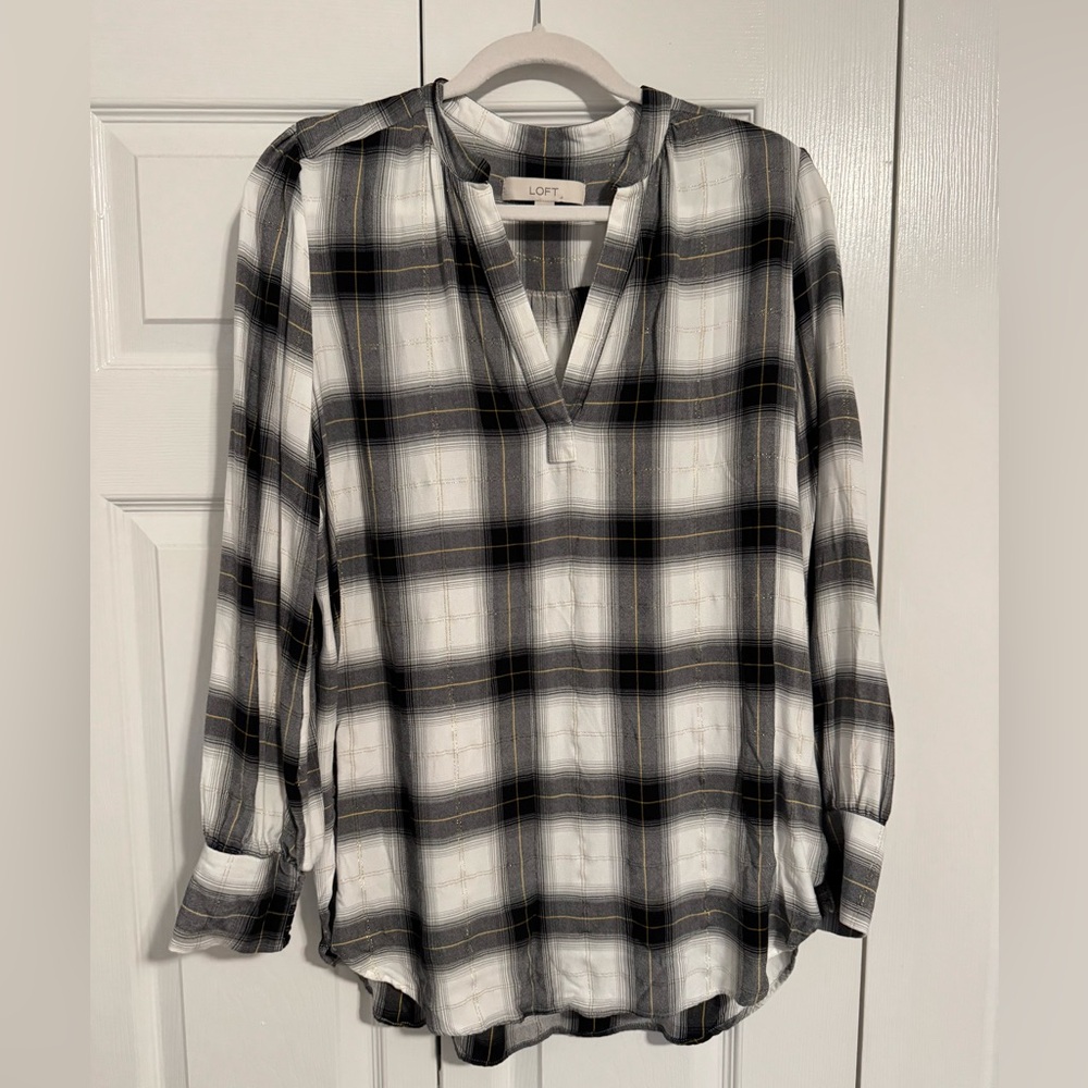 LOFT Black and White Plaid Painters Blouse Tunic with Gold Thread Detail